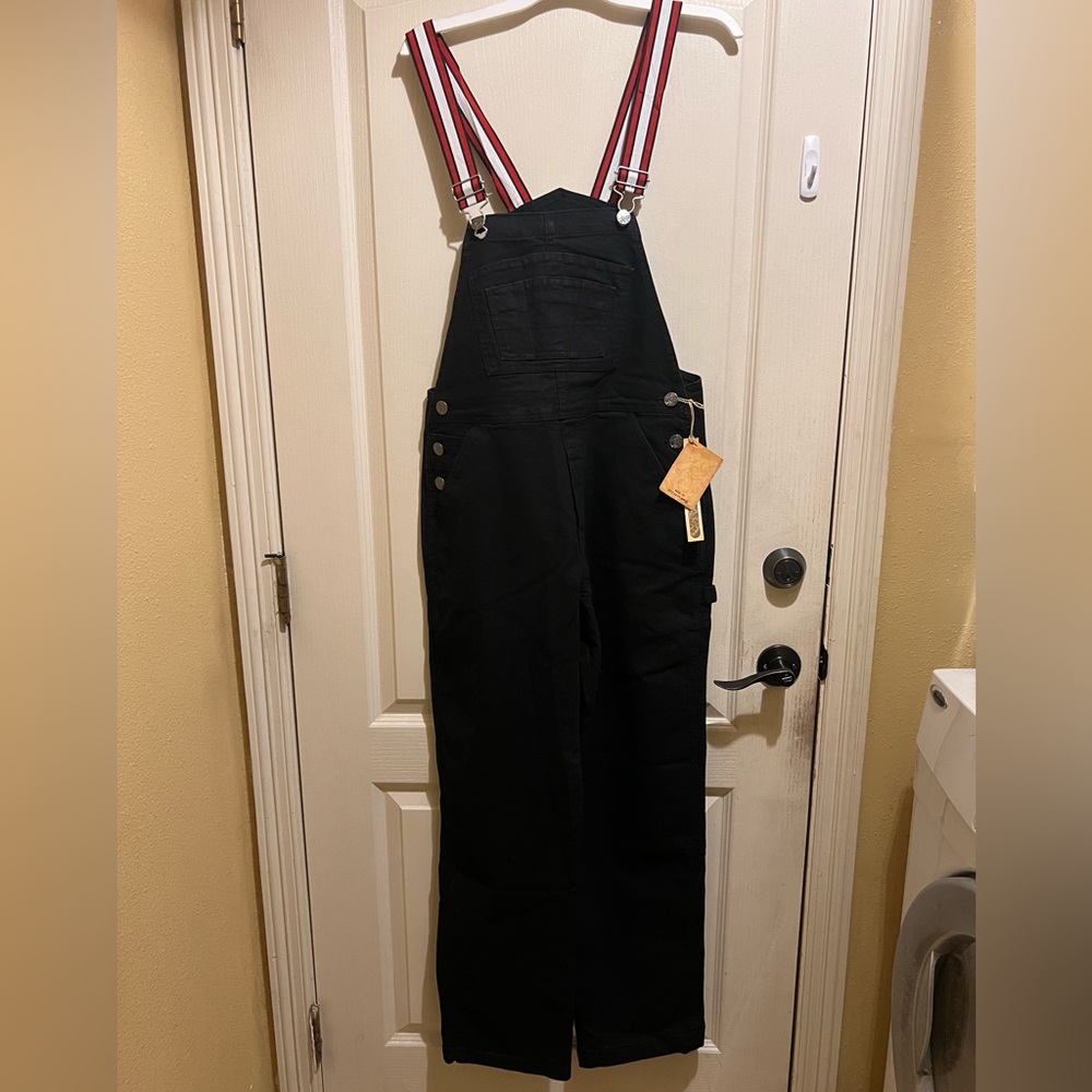 NWT Hybrid & Company black Stretch Denim Jean Overalls Sz M about 32 inseam